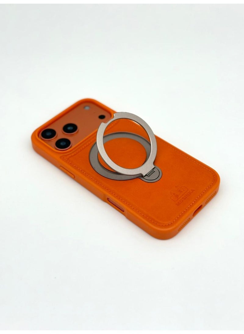 عام Luxury Faux Leather MagSafe Phone Case with Magnetic Ring Stand - iPhone 17 Pro Cover for Hands-Free Viewing & Secure Grip - Image 3